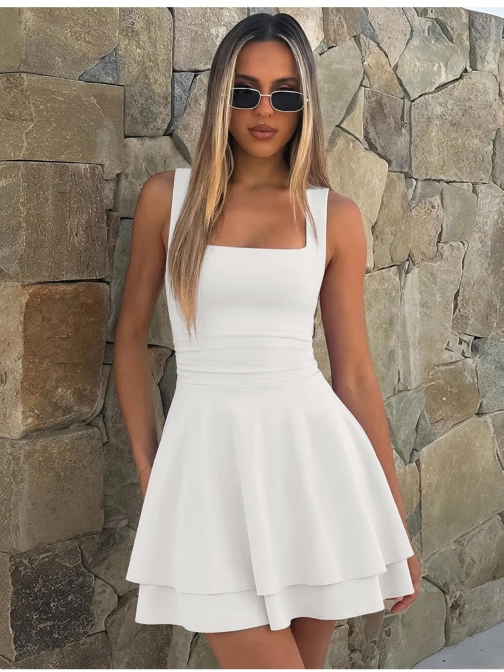 New With Tags Square-Neck White Layered Mini Dress